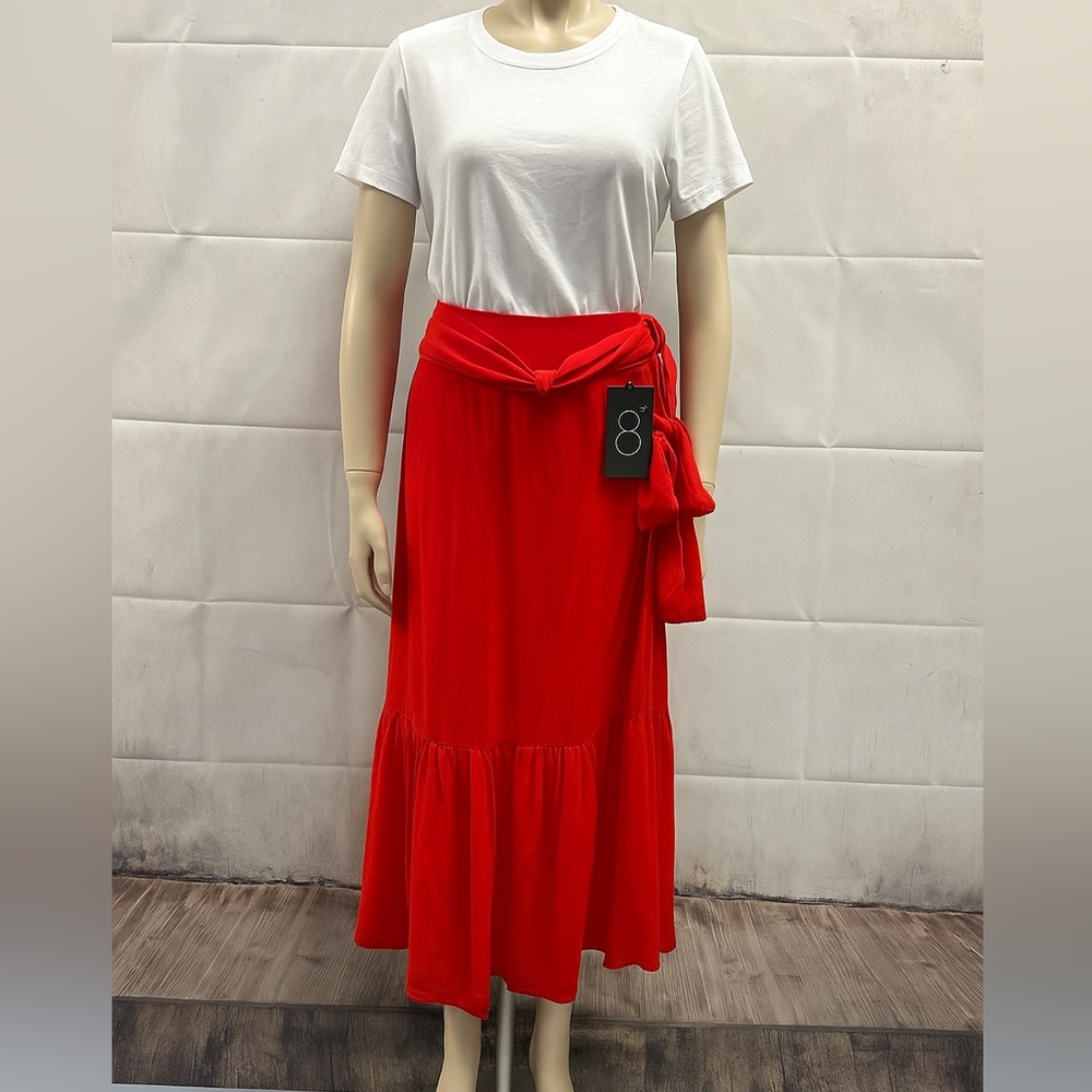 Gibson, Red Maxi Skirt w/ Tie Front and Tiered Design. (L)